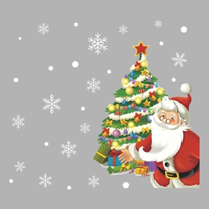 Christmas window stickers featuring Santa Claus, decorated tree and white snowflakes decoration