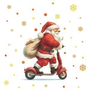 Christmas Santa Claus on red electric scooter window sticker with snowflakes and gift bag