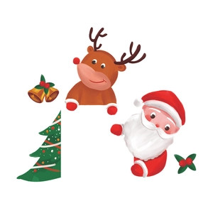 Cartoon Christmas wall stickers featuring Santa, reindeer, bells and Xmas tree decor