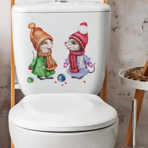 Cartoon Winter Mouse With Scarf Toilet Sticker Waterproof PVC Bathroom Wall Decal For Home Decoration Animal Painting