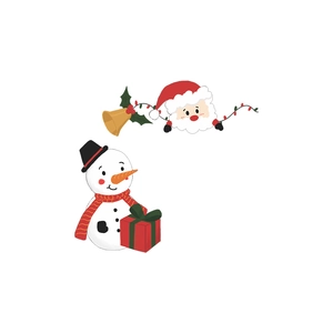 Christmas wall sticker with cartoon snowman holding gift box and Santa Claus with golden bell