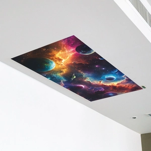 Vibrant galaxy ceiling mural featuring a colorful nebula and planets for home decor