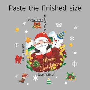Detailed view of Merry Christmas window stickers with Santa, snowman and snowflake motifs