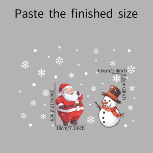 Detailed size guide for Santa and snowman window decals showing height and width in cm and inches