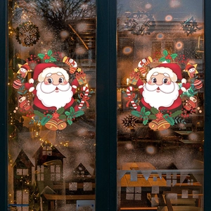 Christmas Window Stickers PVC Static Cling Cartoon Santa Claus Wreath Decals For Glass Door Home Holiday Wall Decor 2 Pieces