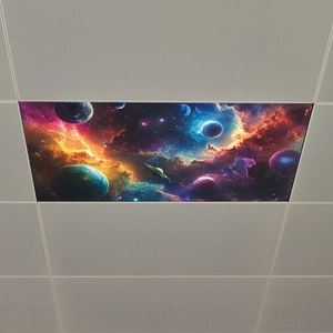 Macro detail of the colorful nebula space sticker installed on a grid ceiling panel
