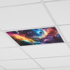 Detail of starry space ceiling sticker showing colorful nebula and planets on panel