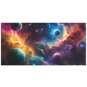 Detailed view of cosmic star wall sticker with colorful planets and nebulae