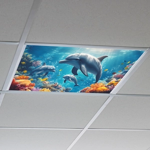 Ocean world ceiling light panel with dolphins and colorful coral reef in office