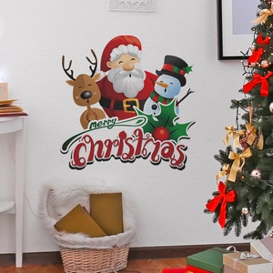 Sticker mural Père Noël et renne de dessin animé avec texte de vœux Merry Christmas