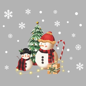 Christmas window decals with cartoon snowmen, snowy pine trees, and festive gift boxes
