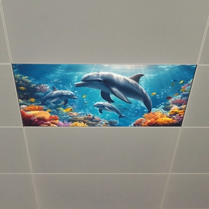 Detail of dolphin and coral reef ceiling sticker installed in a grid ceiling panel