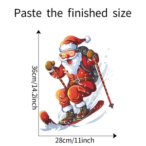 Detailed size chart showing skiing Santa Claus window sticker dimensions at 36cm by 28cm