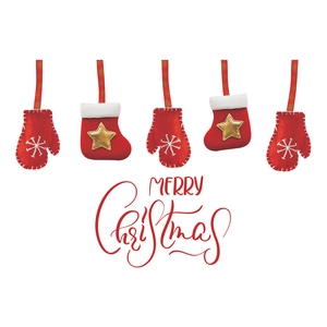 Christmas felt ornaments set with red mittens and stockings hanging for wall decoration