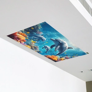 3D ocean ceiling sticker showing dolphins and coral reefs in a deep blue sea world