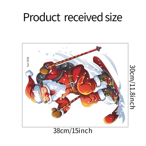 Detailed dimensions of skiing Santa Claus Christmas window sticker measuring 30cm by 38cm