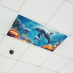 Detail of 3D ocean dolphins on LED sky panel in white grid ceiling tiles