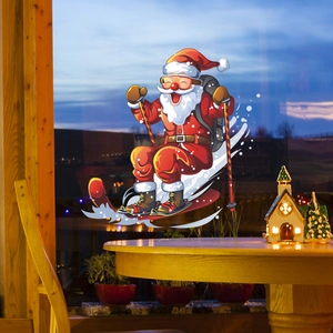 Christmas skiing Santa Claus window sticker for home glass decoration in festive red