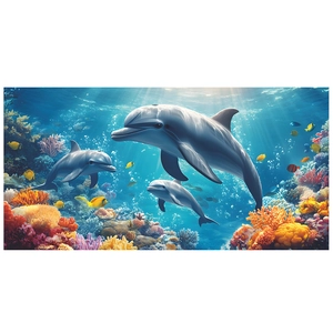Detailed macro view of 3D underwater wallpaper featuring dolphins and colorful coral reefs