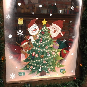 Cartoon Christmas tree and Santa Claus static window stickers set for festive glass decor