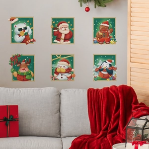 6-piece set of cartoon Christmas wall stickers featuring Santa and Penguin in stamp design