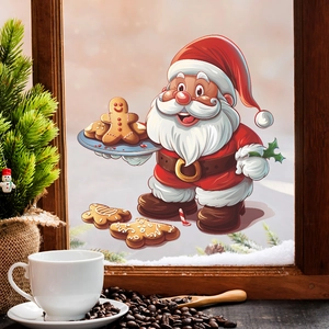 Christmas window sticker featuring Santa Claus with gingerbread man on glass background