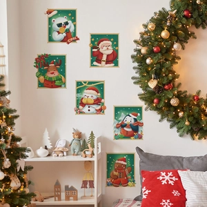 Cartoon Christmas Santa Claus Snowman Reindeer Penguin Stamp Style Decorative PVC Wall Stickers For Festive Home Decor
