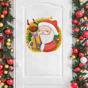 Cartoon Santa Claus and reindeer Christmas door sticker with festive wreaths for home decor