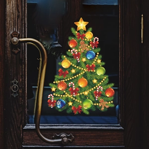Sticker de fenêtre sapin de Noël avec boules colorées et étoile dorée sur verre