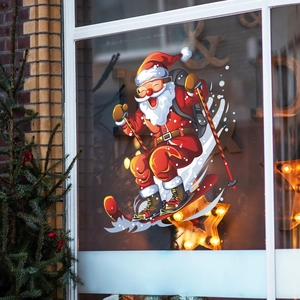 Christmas window sticker featuring skiing Santa Claus for festive glass decoration