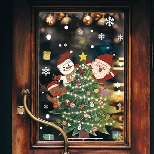 Christmas window stickers set with tree and snowman on glass door decoration