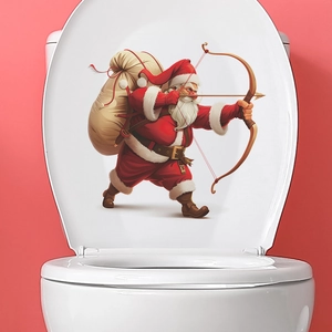 Detail of Christmas Santa Claus archery sticker applied on a white toilet lid cover