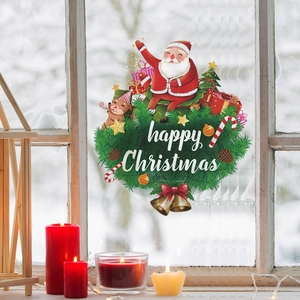 Happy Christmas wall stickers with Santa, reindeer, and golden bells for home decoration