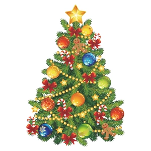Sticker de Noël pour fenêtre avec sapin décoré de boules colorées et étoiles dorées