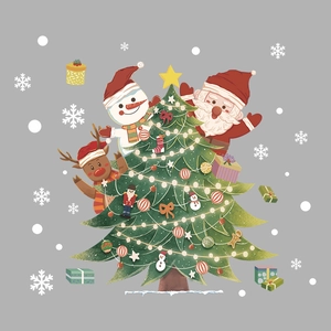 Christmas window stickers featuring Santa Claus, reindeer, and snowman with a holiday tree
