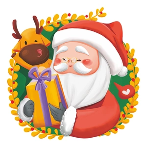 Cartoon Santa Claus and reindeer Christmas wall sticker with gift box illustration