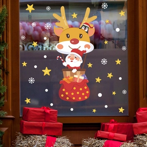 Dessin Animé Montgolfière Renne Père Noël Autocollants de Fenêtre de Noël Décalcomanies Statiques en PVC pour Porte en Verre Flocon de Neige Étoile Décoration de Maison