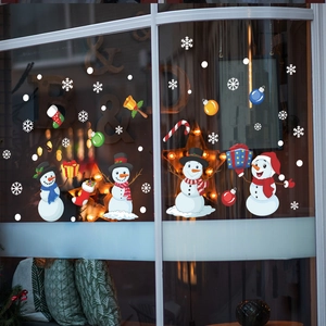 Christmas snowman window stickers with snowflakes and colorful ornaments for glass decoration