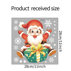 Detailed view of Santa on gift box window sticker with snowflake patterns, 28x28cm size