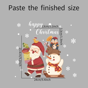 Detail view of Happy Christmas window stickers with Santa, snowman and size measurements