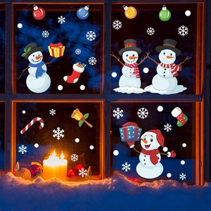 Christmas snowman window stickers with colorful ornaments and snowflakes for glass decor
