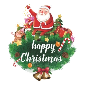 Christmas wall decal featuring Santa, reindeer, gift boxes, and festive bells