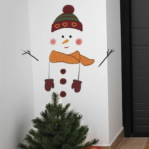 Christmas snowman wall sticker with red hat and orange scarf for holiday home decoration