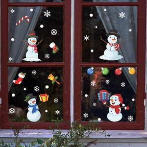Christmas window stickers featuring cartoon snowmen, colorful balls, and snowflakes for glass