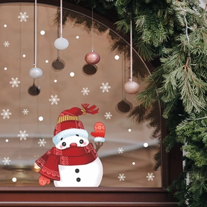 Cute waving Christmas snowman and white snowflakes electrostatic glass window decals