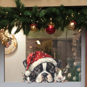Christmas window sticker featuring a festive dog and hamsters on a glass surface