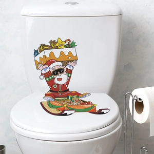 Cartoon Santa Claus with sleigh and gift box self-adhesive Christmas toilet lid stickers