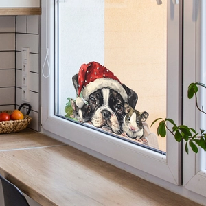 Detail of Boston Terrier and hamsters Christmas window sticker on a glass surface