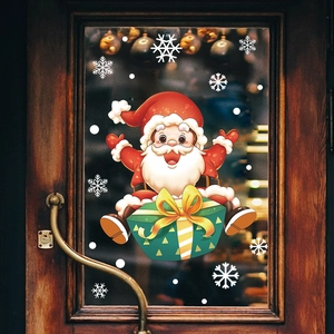 Christmas Santa Claus Gift Box Window Stickers PVC Static Cling Snowflake Decals For Glass Door Home Festival Decoration