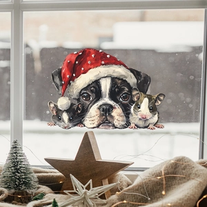 Christmas window sticker featuring a festive French bulldog with mice in a snowy scene